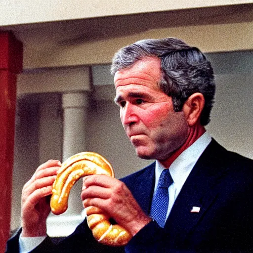 Image similar to George W. Bush closely examining a pretzel. Nefarious, uneasy, worried, concerned. CineStill.