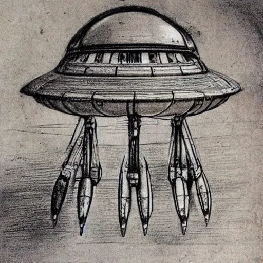 Prompt: vintage, detailed, pencil sketch of ufo! construction, all parts, with full descriptions, on old parchment, by leonardo da vinci!