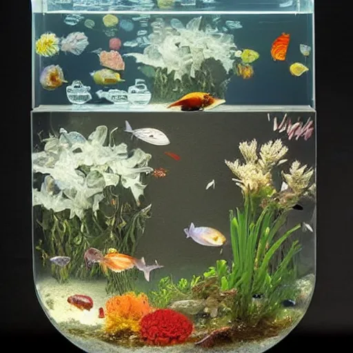 Prompt: floating flowers in a transparent fish tank,Clara Peeters