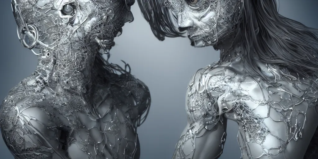 Prompt: hyperrealistic photography of a stunningly cyborg female, intimate, holding hands, kissing, chrome. in the style of beth cavener, jin kagetsu,, and wlop, highly detailed, intricate filigree, chrome face symmetry, masterpiece, award - winning, sharp focus, concept art, high key, ambient lighting, 8 k, octane render, artstation
