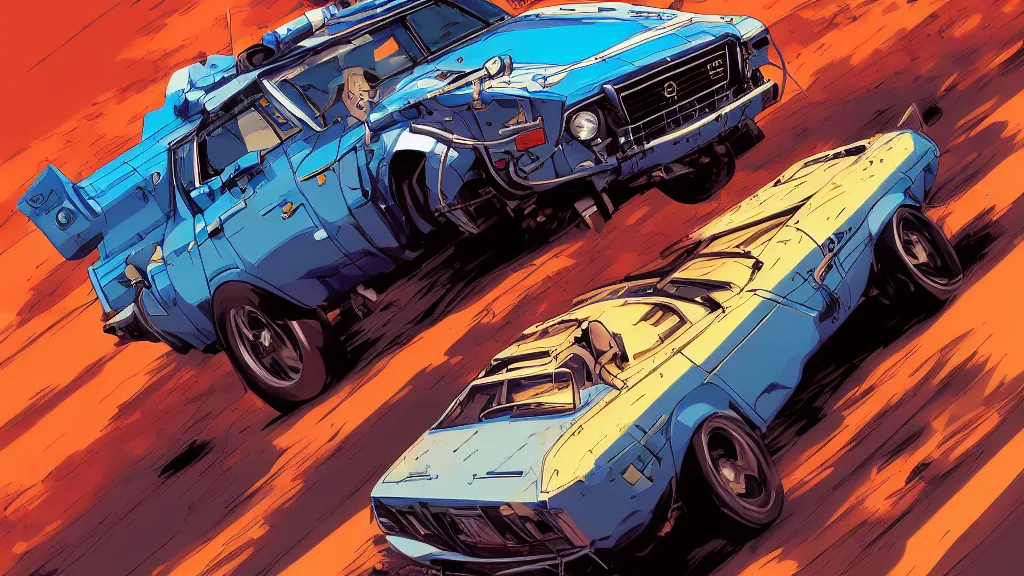 Image similar to anime illustration of mad max's fj 4 0 pursuit special, the last v 8 interceptor driving down to the gates of valhalla highway, riding fury road eternal shiny and chrome, world of fire and blood, by makoto shinkai, ilya kuvshinov, lois van baarle, rossdraws, basquiat, global illumination ray tracing hdr