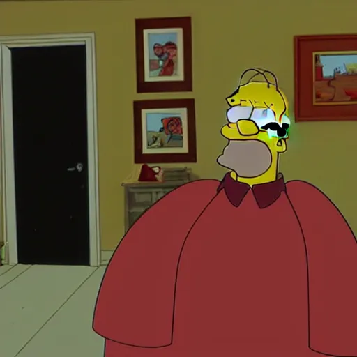 Image similar to homer simpson in a scene from the shining