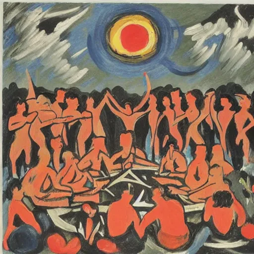 Image similar to hideous by kees van dongen kodachrome. drawing. a group of people gathered around a fire. they are all looking up at the night sky, where a bright star is shining