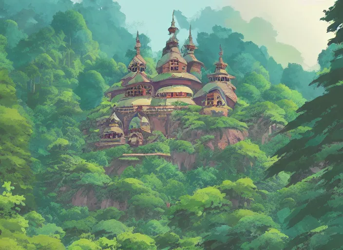 Image similar to view of a monastery on a forested mountain, in the style of studio ghibli, distant, detailed, artstation, award winning illustration,