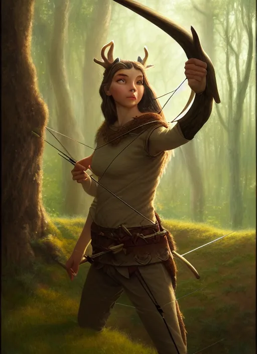 Image similar to a film still portrait of a deer elven archer, finely detailed features, cinematic lighting, perfect art, brian jacques redwall woodland, forest, intricate, artstation, trending on pixiv fanbox, painted by brian jacques greg rutkowski, studio ghibli, fantasy, 4 k