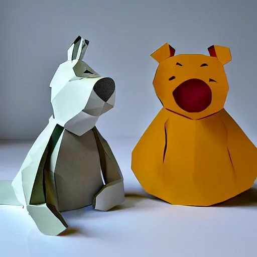 Prompt: cut paper sculpture of pooh and piglet