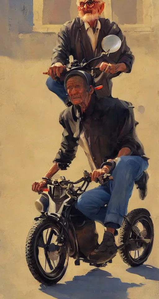 Prompt: greg manchess portrait painting of old man on moped motorbike, medium shot, asymmetrical, profile picture, organic painting, sunny day, matte painting, bold shapes, hard edges, street art, trending on artstation, by huang guangjian and ail elvgren and sachin teng