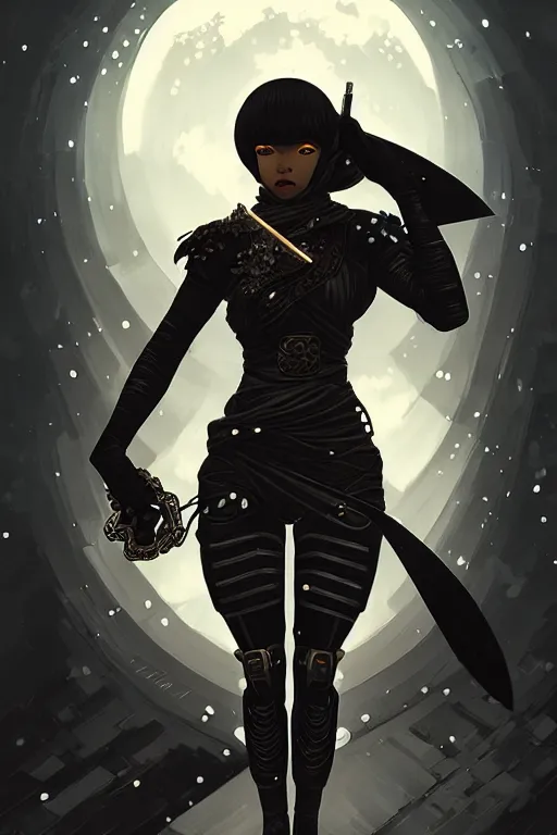 Image similar to portrait ninja gaiden black girl, armored dieselpunk wardrobe, at snowy fuji mountain moonlight, sci - fi and fantasy, intricate and very beautiful and elegant, highly detailed, digital painting, artstation, concept art, smooth and sharp focus, ( ( illustration, art by tian zi and wlop and alphonse mucha ) )