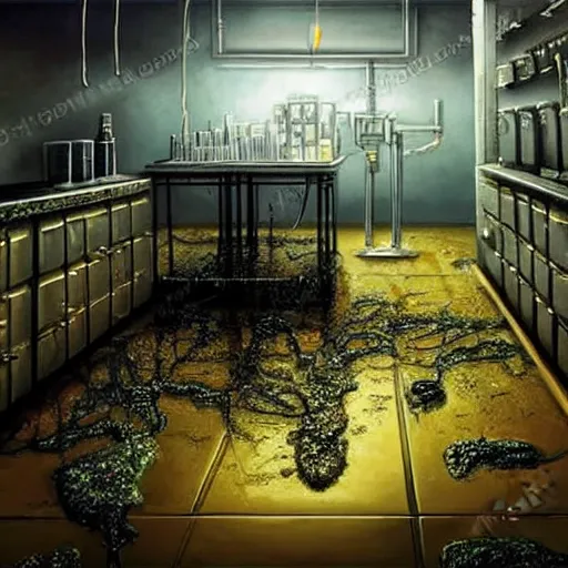 Image similar to realistic painting of a dark foggy sci-fi laboratory at night, with a zombie made of guts and veins, dripping golden shiny metalic fluid from ribcage to the floor. liquid shiny pool of gold on the floor.