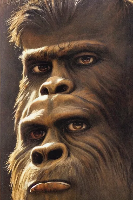 Image similar to a closer personal portrait of bigfoot with very piercing eyes, very charismatic. in the old west. masterpiece, dark. painted by norman rockwell and james gurney