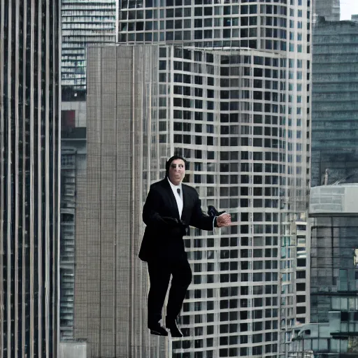 Image similar to Jon Favreau as clean-shaven Happy Hogan wearing a black suit and black necktie and black dress shoes is climbing up the side of a tall building in an urban city. The sky is filled with dark clouds and the mood is ominous.