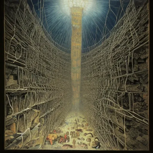 Image similar to looking down onto vast, cold cavern ::3 one majestic Tower of Babel made of twisted machinery reaching from floor to ceiling, wreathed with wires and balconies, wider at the top than the bottom, upside-down, center frame, with blue, pale green, and white lights, by Bruegel and H.R. Giger ::5 lights of an oil refinery at base of tower ::2 harsh framing light from spotlights on the ground ::2 painting of industrial city by Bruegel, Carvaggio, Piranesi, H.R. Giger and Bosch