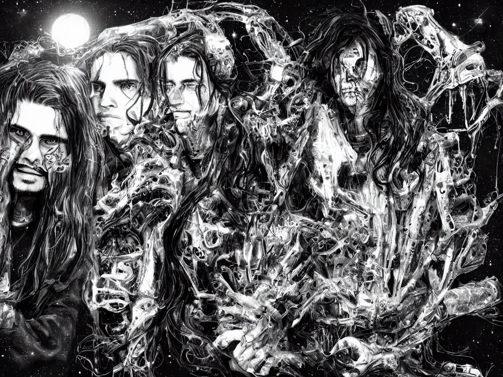 Prompt: a detailed digital art of teamsesh and xavier wulf in the style of hypergalactic biopunk and stephen gammell