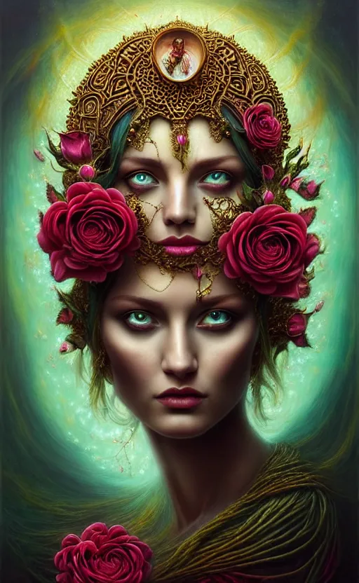 Image similar to portrait of a beautiful rose goddess, unusual beauty, esoteric, outher worldly colours, head in focus, fantasy art, ornamental rose turquoise aesthetics,, intricate, elegant, highly detailed hyperrealistic painting, artstation, concept art, painterly, golden ratio, sharp focus, illustration, art by tomasz alen kopera