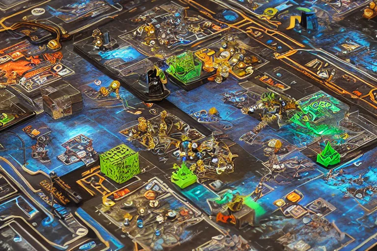 Image similar to an intricate 3D cyberpunk board game with figurines, cards and book around, beautiful illustrated map, photo realistic, artstation