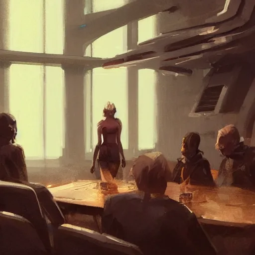 Image similar to concept art by greg rutkowski, a very tall, and slender woman with blond hair, sitting with the crew in the ship's dining room, brutalist futuristic interior, dark lighting atmosphere, detailed portraits, nostalgic atmosphere, scifi, digital painting, artstation, concept art, smooth, sharp foccus ilustration, artstation hq