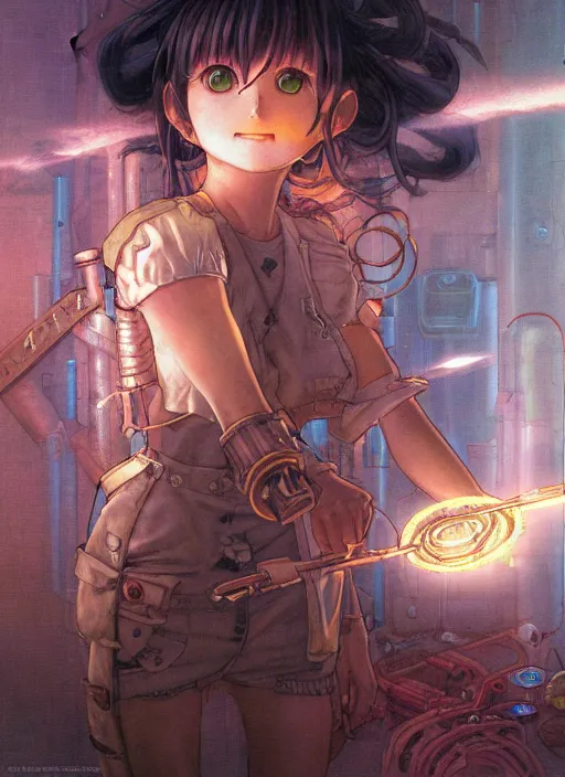 Image similar to prompt : ragnarok online portrait soft light painted by james jean and katsuhiro otomo and erik jones, inspired by akira anime, epic fantasy, a young tinker girl working on a device in her workshop, workshop in the background, intricate oil painting, high detail illustration, sharp high detail, manga and anime 1 9 9 9