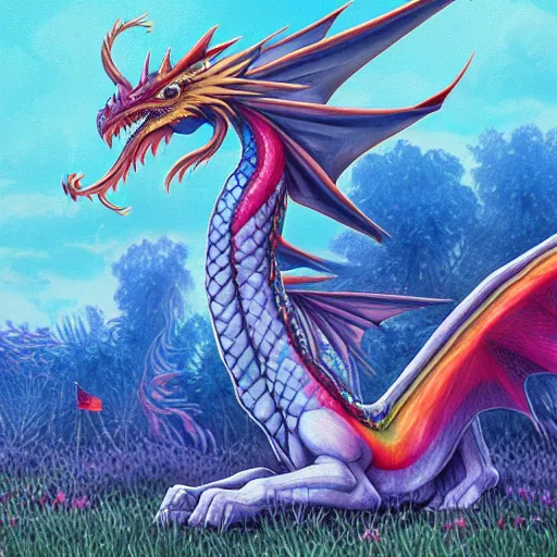 Prompt: rainbow dragon in a field of piones, blue clear sky, soft color, highly detailed, digital painting, artstation, concept art, matte, sharp focus, impressionnisme, art by james jean