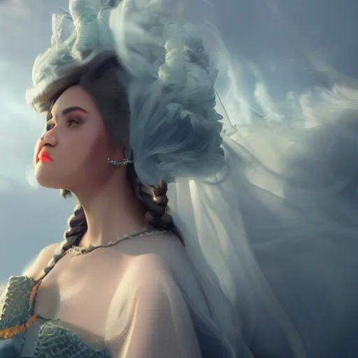 Image similar to beautiful girl in full gown blowing clouds, beautiful portrait, character concept style trending on artstation concept art detailed octane render cinematic photo - realistic 8 k high detailed