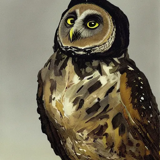 Prompt: obese physique feathered round beak Portrait of Henry James camouflaged as Owl whilst wearing a yellow tuxedo Standing atop a Garbage Truck Greg Rutkowski Vik Muniz clarence holbrook carter Andrew Wyeth Dan Witz