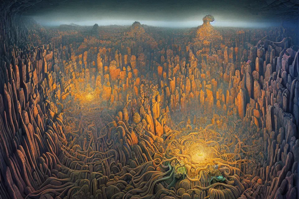 Image similar to hyper detailed 3d render like a Oil painting - journey to the center of the earth, by Jacek Yerka, Mariusz Lewandowski, Houdini algorithmic generative render, Abstract brush strokes, Masterpiece, Edward Hopper and James Gilleard, Zdzislaw Beksinski, Mark Ryden, Wolfgang Lettl, hints of Yayoi Kasuma, octane render, 8k