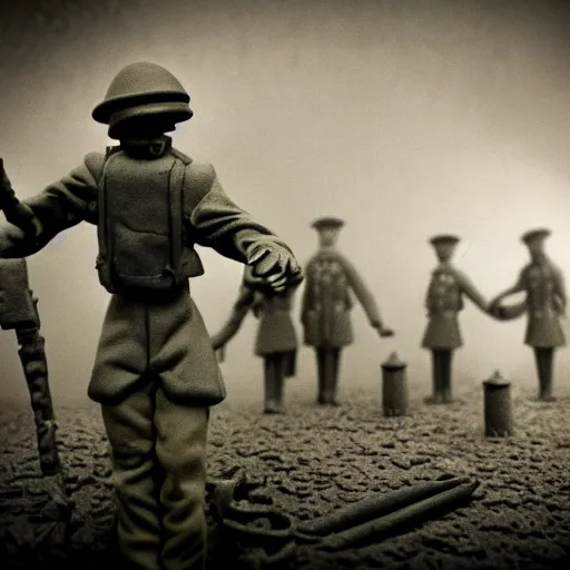 Prompt: the world war i, surrealistic detailed claymation art, dark, moody, foggy