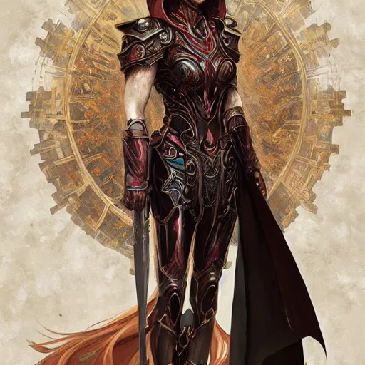 Image similar to portrait knights of Zodiac girl, metallic black and reddish armor, in ruined Agora of Athens, ssci-fi, fantasy, intricate, very very beautiful, elegant, highly detailed, digital painting, artstation, concept art, smooth, sharp focus, illustration, art by tian zi and WLOP and alphonse mucha