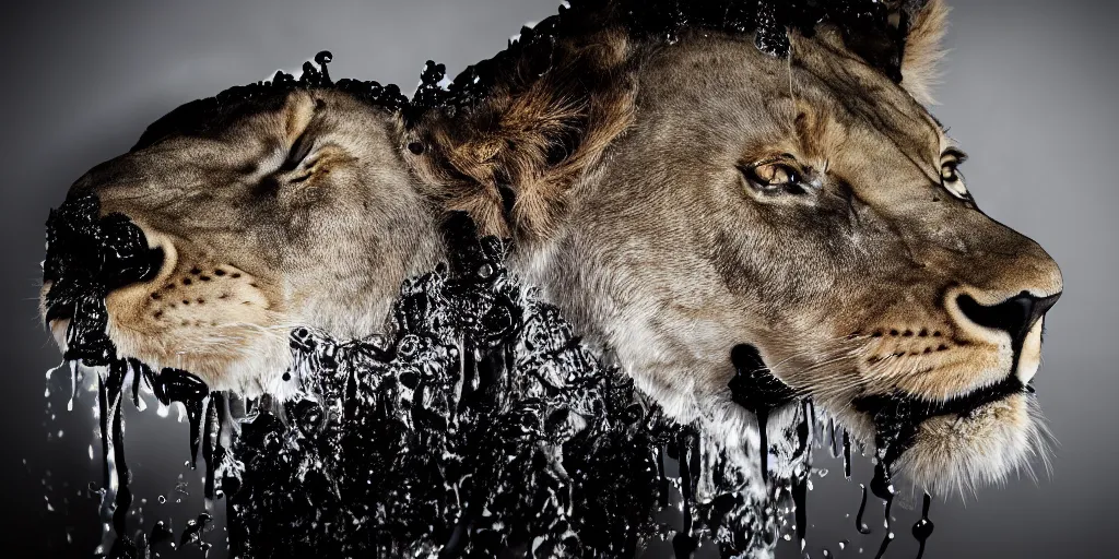 Image similar to a lioness made of ferrofluid bathing inside the bathtub full of ferrofluid on a photography studio, dripping and drooling ferrofluid. dslr, wrinkles, ferrofluid, photography