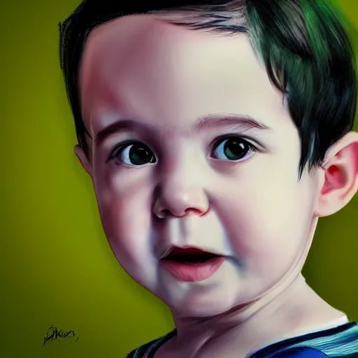 Prompt: a digital portrait of a 1 year old with black hair and bright green eyes, drawn in the style of mark Arian,