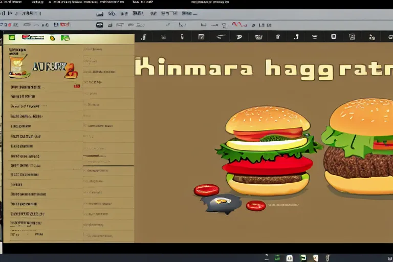 Image similar to hamburger themed gnu / linux desktop environment, linux mint, in 1 9 9 5, y 2 k cybercore, desktop screenshot