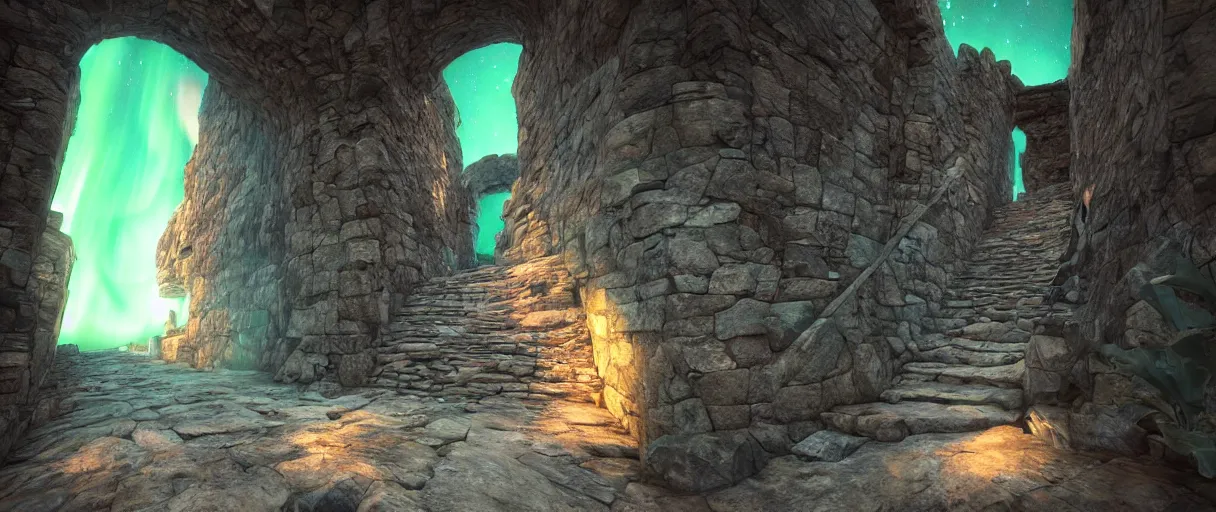 Prompt: a first person perspective shot looking up a stone staircase leading to an ancient stone archway that leads to an aaahh!!! Real monsters dimension and emanating glowing aurora light by James Gurney and beeple | Time White: .3 | unreal engine | subtle glow | cinematic lighting | establishing shot