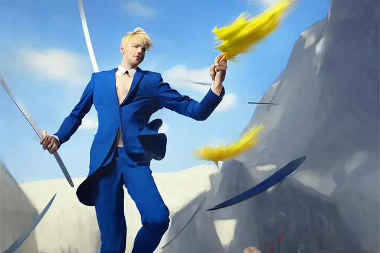 Image similar to a blond man in a blue suit attacked by flying swords, organic painting, sunny day, matte painting, bold shapes, hard edges, street art, trending on artstation, by huang guangjian, gil elvgren, ruan jia, randy vargas, greg rutkowski