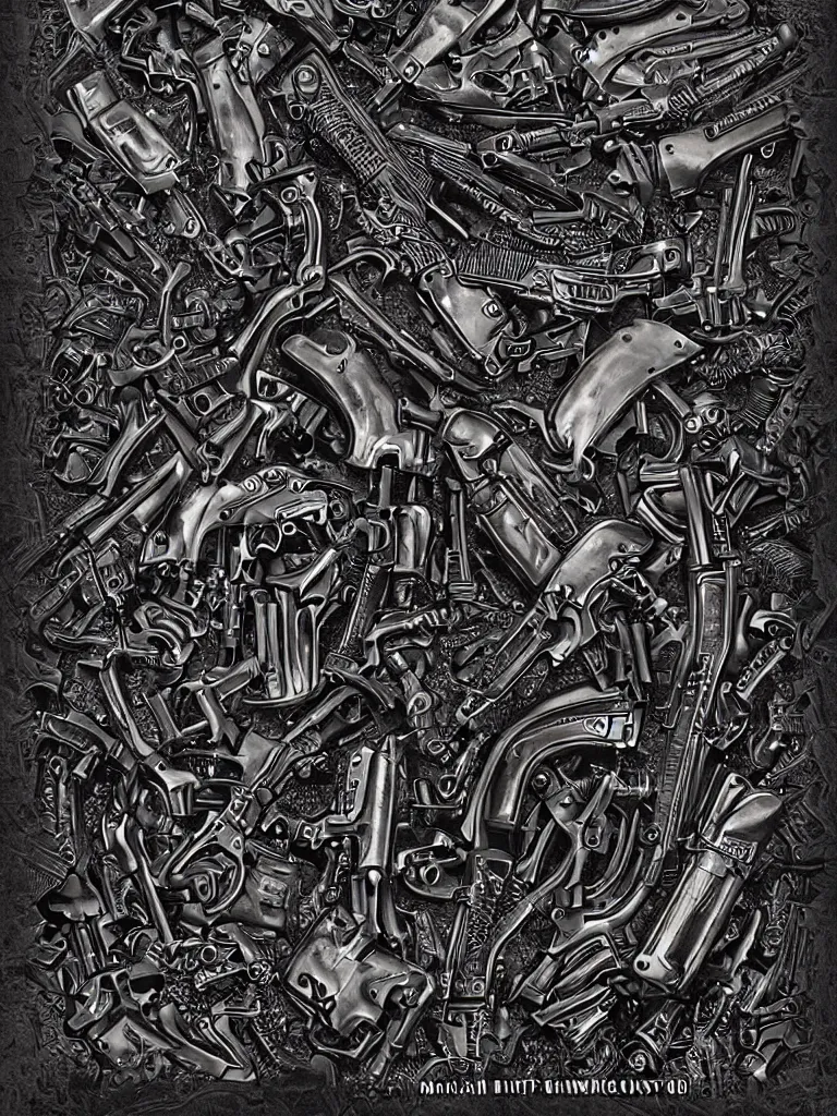 Image similar to carving in dark black steel of machine guns shotguns rifles revolvers bullets, dark vintage paperback cover, ultra-realistic, intricate details, 4k