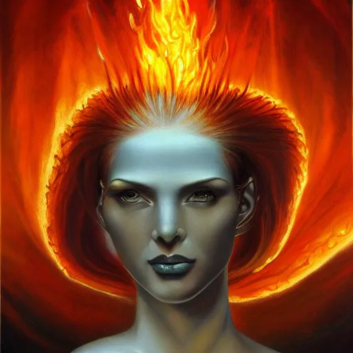 Image similar to A beautiful painting of a goddess with a body made of flames by Jim Burns, fantasy, Trending on artstation.