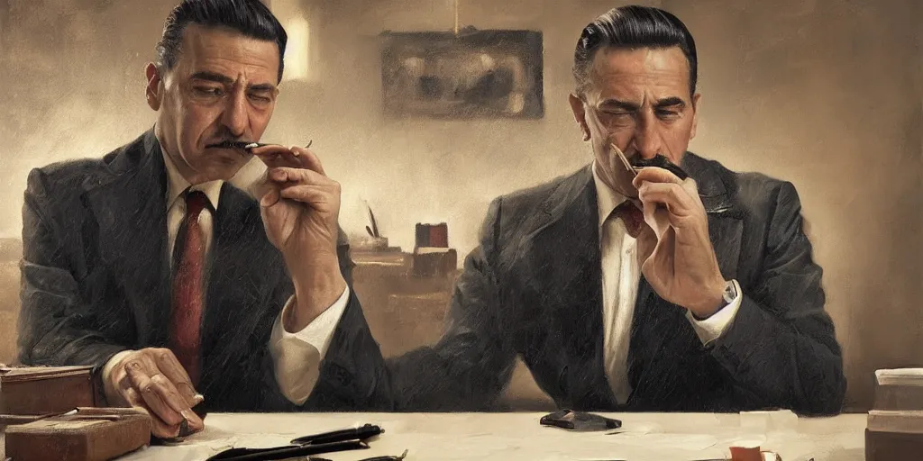 Prompt: beautiful oil matte portrait painting, mafia boss holding a cigar at his 5 0 s new york office desk, wonderful masterpiece highly detailed, beautiful cinematic light deep focus, elegant, digital painting, smooth, sharp focus, golden ratio, dramatic illumination, ultra realistic, 8 k, art by jimmy law