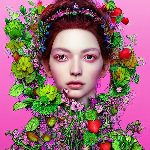 Image similar to the portrait of an absurdly beautiful, graceful, elegant, sophisticated, fashionable woman made of strawberries and green petals, an ultrafine hyperdetailed illustration by kim jung gi, irakli nadar, intricate linework, bright colors, octopath traveler, final fantasy, unreal engine 5 highly rendered, global illumination, radiant light, detailed and intricate environment