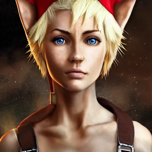 Image similar to close up headshot of a skinny female high-fantasy elf with a long face narrow chin and short spiky blonde hair wearing dark brown overalls and holding a bomb next to a destroyed car, gel spiked blond hair, small ears, narrow lips, high resolution film still, HDR color, painting by artgerm