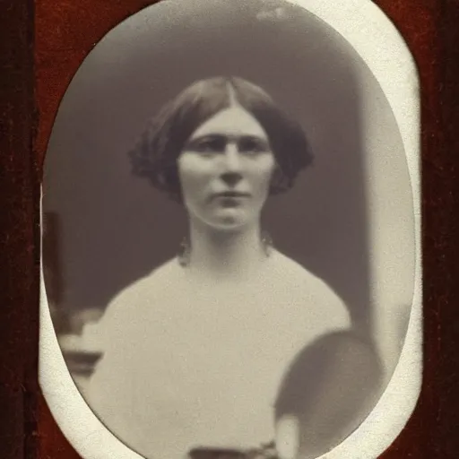 Image similar to Woman in 1910 using an iPhone, daguerreotype photo, HD