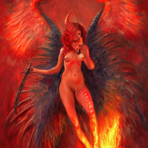 Prompt: Red-skinned Devil-girl with demon wings and a forked tail. Trending on ArtStation. A vibrant digital oil painting. A highly detailed fantasy character illustration by Wayne Reynolds and Charles Monet and Gustave Dore and Carl Critchlow and Bram Sels