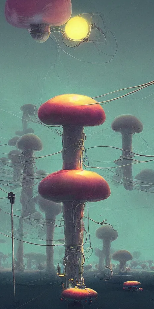 Image similar to mushroom starship with long tendrils, lots of hanging cables and wires, messy cords, sci - fi concept art, by john harris, by simon stalenhag, stunning, award winning