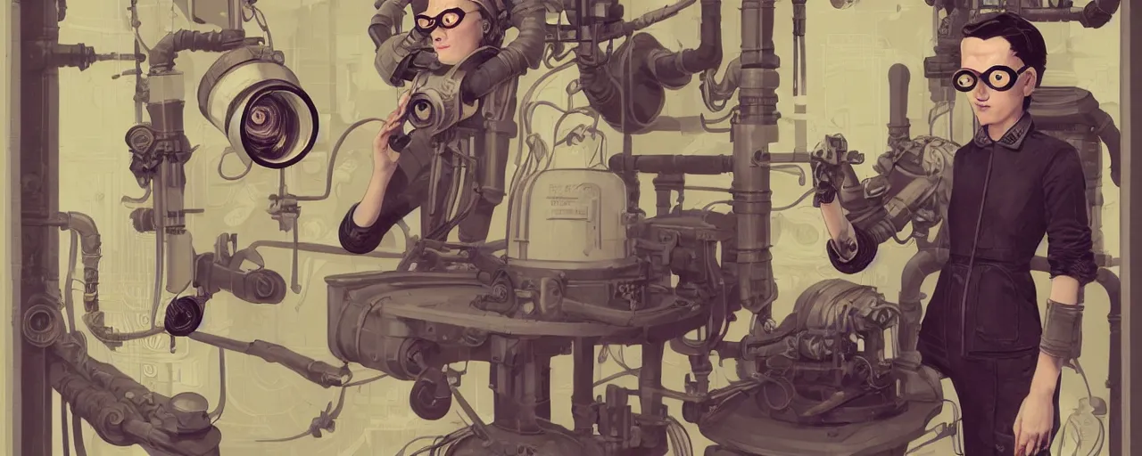 Image similar to vintage illustration 3 / 4 portrait of stoic heroic emotionless butch blonde woman engineer with short slicked - back hair, wearing victorian goggles, awkward and uncomfortable and anxious, dynamic composition by sachin teng and sergey kolesov and ron cobb. industrial space program, scifi, hyper detailed. octane render. concept art. trending on artstation