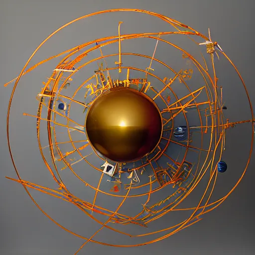 Prompt: a kinetic sculpture of this solar system, sun, mercury, venus, earth, mars, jupiter, saturn, uranus, neptune, pluto, orrery, canon 5 d 5 0 mm lens, papier - mache, studio, artificial intelligence