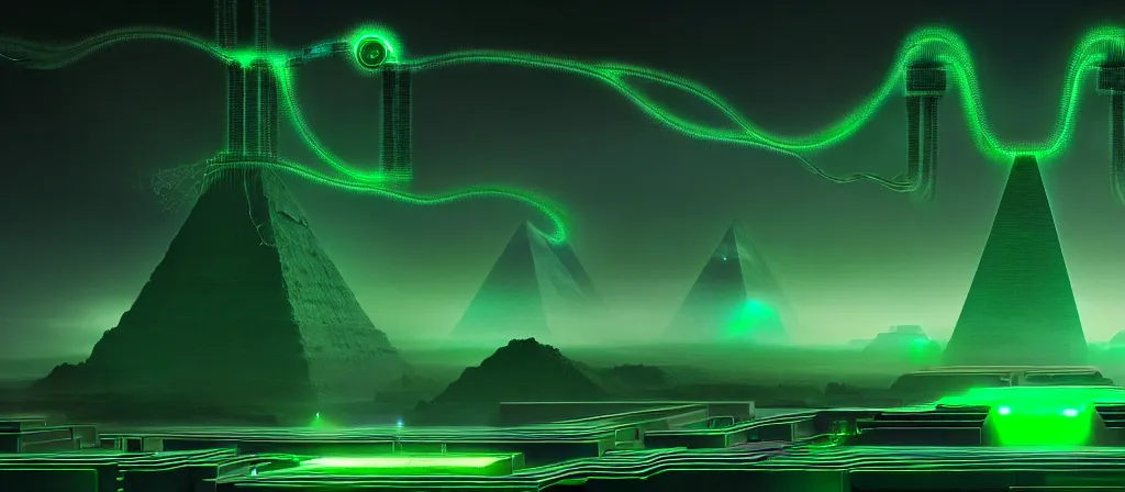 Prompt: the ethereal god of technology bestows the gift of green circuits to humanity. immaculate matte painting. fantastic. velvet and emerald. high key studio lighting. fractal dreams. ancient egypt, trending on artstation, cgsociety, ps 5, uhd 8 k cryengine