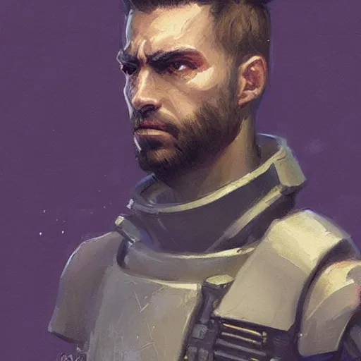 Prompt: concept art of a portrait by greg rutkowski, a soldier of the eternal empire wearing gray and purple tactical gear, star wars expanded universe, smooth, sharp focus, artstation hq.