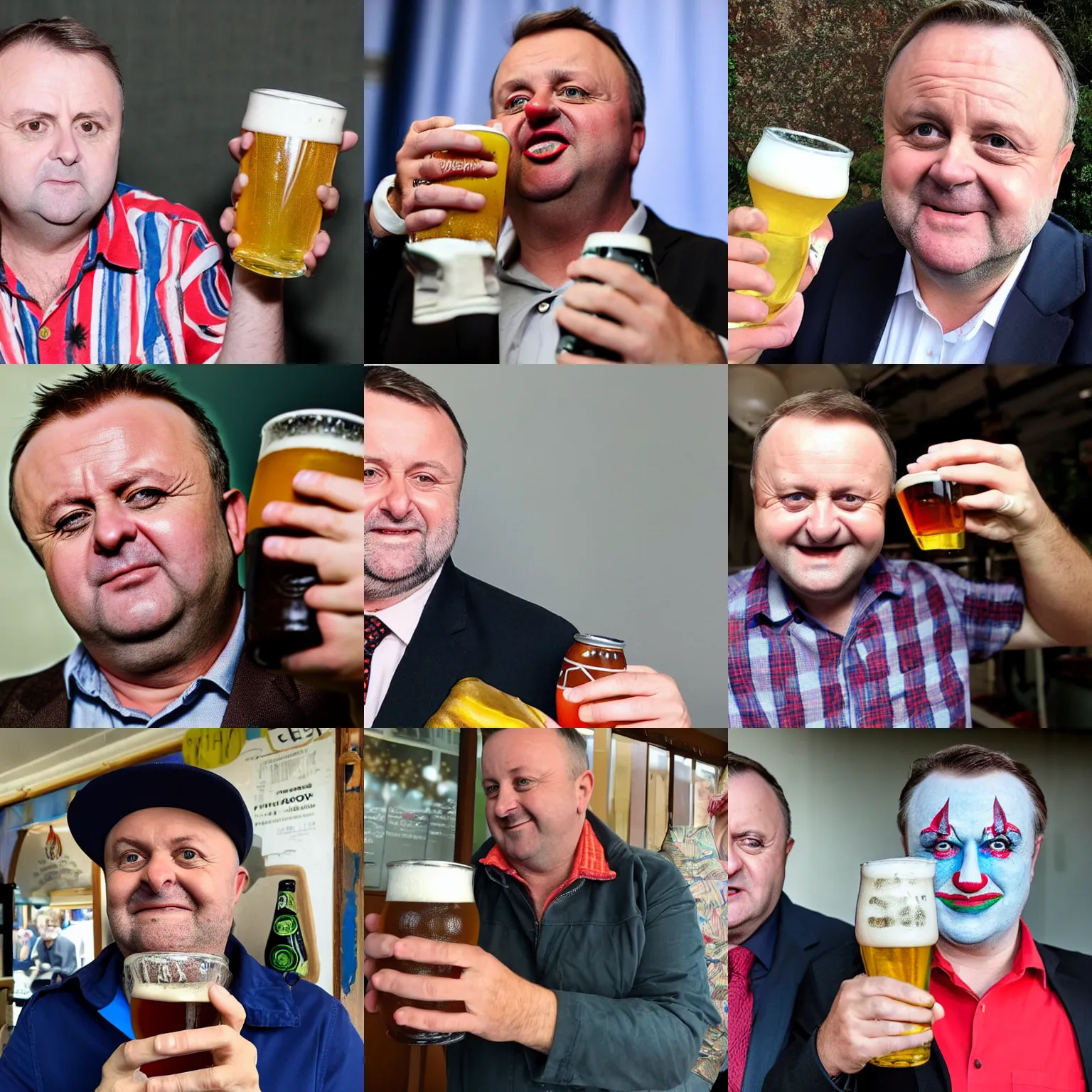 Prompt: anthony albanese wearing clown makeup and holding a beer, photograph, news