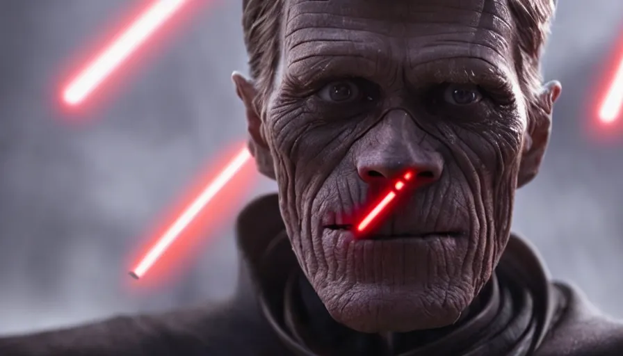 Image similar to Willem Dafoe as a Sith Lord, cinematic lighting, close-up, Star Wars cinematography