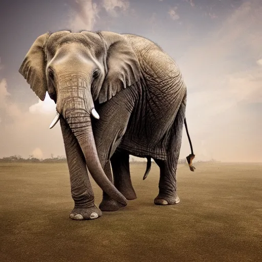 Image similar to an elephant crumbling to dust in the air, photorealistic