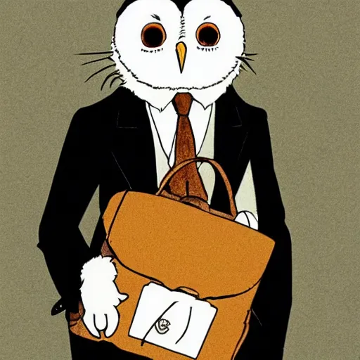 Prompt: barn owl in a black suit wearing an office bag going to the office,drawn by Hayao Miyazaki and Beatrix Potter, highly detailed,anime, anime shot,anime colours, inspired by my neighbor totoro 1988