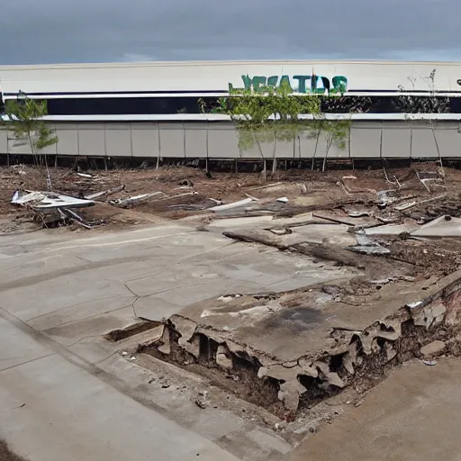 Prompt: the future ruins of a sunken walmart store