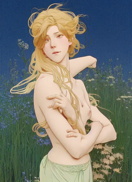 Image similar to pretty young man with shoulder length blond hair, male, half body shot, path traced, highly detailed, high quality, digital painting, by studio ghibli and alphonse mucha, leesha hannigan, hidari, art nouveau, chiho aoshima, posuka demizu